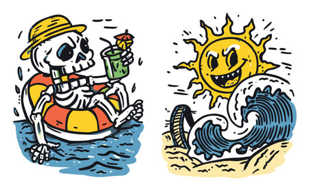 Fun illustration featuring a skeleton relaxing on a float in the water with a drink, accompanied by a mischievous sun and waves, perfect for summer themes.のイラスト素材