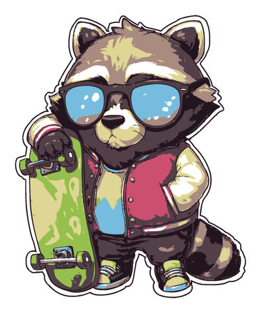 This vibrant cartoon illustration features a stylish raccoon wearing sunglasses and posing with a skateboard. Perfect for themes of adventure and youth culture.のイラスト素材