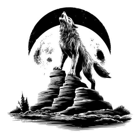 A striking engraving of a majestic wolf howling atop rocky terrains under a luminous moon, capturing the essence of wilderness and power in nature's beauty.のイラスト素材