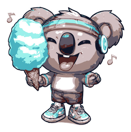 A joyful cartoon koala character holds a fluffy cotton candy while sporting headphones and stylish sneakers. The colorful design radiates happiness and fun.のイラスト素材