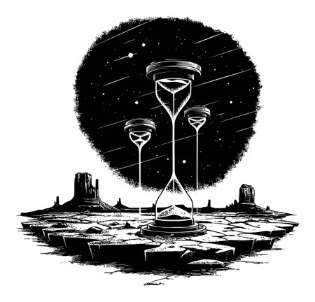 Stunning monochrome engraving depicting an hourglass amidst a cosmic backdrop, illustrating the flow of time and endless existence with surreal elements.のイラスト素材