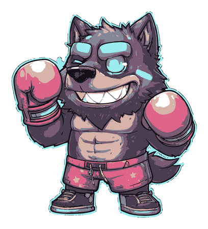 Illustration of a cartoon wolf character wearing boxing gloves and showing off a cheeky smile. The vibrant design highlights strength and playful energy, perfect for sports themes.のイラスト素材