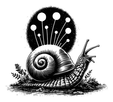 Explore a detailed engraving of a snail featuring intricate patterns and abstract elements, surrounded by natural plants, showcasing artistry and nature's beauty.のイラスト素材