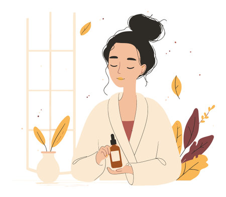 A serene illustration of a woman enjoying her skincare routine at home. She holds a beauty product, surrounded by plants and a calm atmosphere. Perfect for beauty themes.のイラスト素材