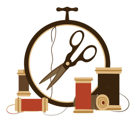 Explore a vibrant sewing concept featuring scissors and colorful spools of thread, perfect for showcasing creativity and handmade artistry in textile projects.のイラスト素材