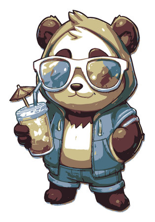 A charming cartoon panda character dressed in a stylish hoodie and sunglasses, holding a tropical drink, perfect for summer-themed designs and playful illustrations.のイラスト素材