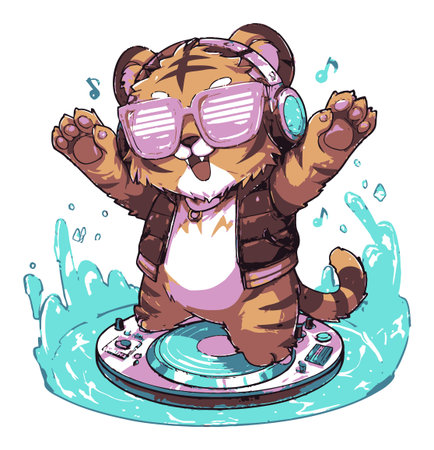 Colorful illustration of a cartoon tiger DJ dancing joyfully on a turntable, wearing headphones and stylish sunglasses. Perfect for party themes or fun designs.のイラスト素材