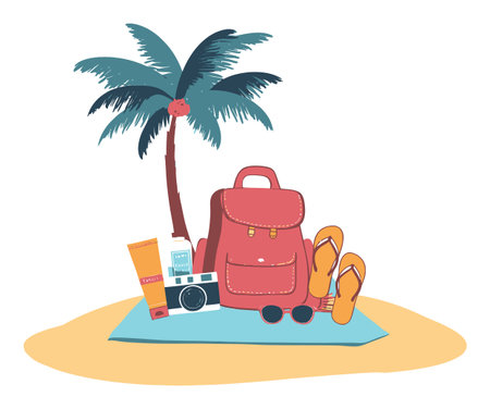 Enjoy a vibrant illustration depicting vacation essentials, featuring a backpack, sunglasses, camera, and palm tree. Perfect for travel-themed designs.のイラスト素材