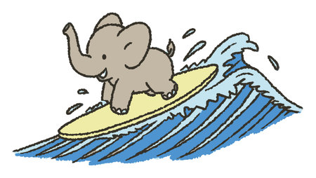 Delightful cartoon illustration of a joyful elephant surfing on a bright surfboard, surrounded by dynamic waves, radiating fun and adventure during summer.のイラスト素材