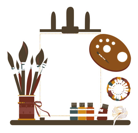 This minimalist design showcases an artistic workspace featuring brushes, paints, and a palette. Ideal for creative projects, it emphasizes artistic tools on a white background.のイラスト素材