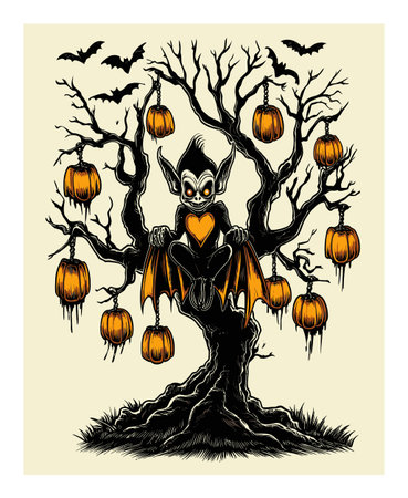 A whimsical illustration featuring a playful bat vampire perched on a haunted tree. The tree is adorned with glowing pumpkins, creating a spooky yet charming Halloween atmosphere perfect for festive decor.のイラスト素材