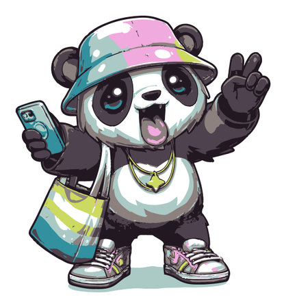 Cheerful cartoon panda character showcases a playful style, holding a phone and making a peace sign. Vibrant colors and trendy accessories exude joy and fun.のイラスト素材