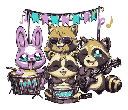 This delightful illustration features cute cartoon animals forming a lively band. A raccoon plays guitar, while others enjoy drumming and singing, creating a vibrant scene of joy and friendship.のイラスト素材
