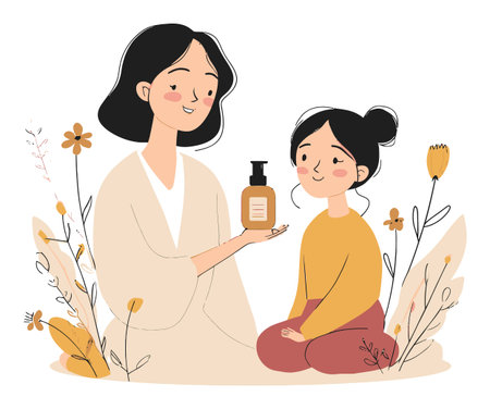 Charming cartoon illustration of a mother and daughter enjoying a skincare moment together. Ideal for family, beauty, and wellness themes.のイラスト素材