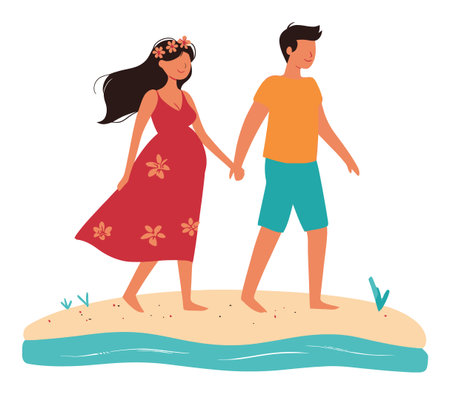 A vibrant illustration of a couple walking hand in hand on the beach, celebrating pregnancy and love during a sunny day. Ideal for family-oriented themes.のイラスト素材
