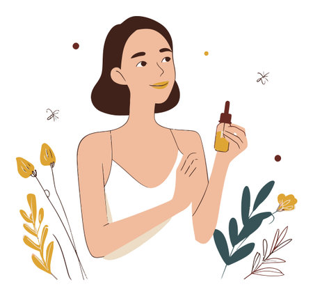 This vector cartoon image features a woman holding a serum bottle surrounded by floral elements, embodying beauty and wellness in a fresh and artistic design.のイラスト素材