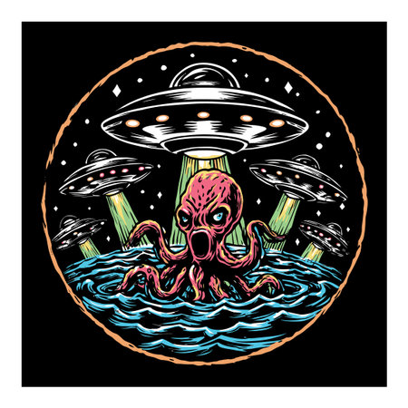 An imaginative illustration featuring a vibrant octopus surrounded by UFOs in a cosmic ocean setting. Perfect for science fiction enthusiasts and art lovers.のイラスト素材