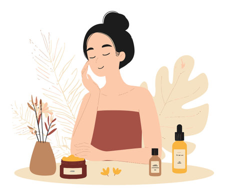 A serene illustration of a woman enjoying her skincare routine surrounded by natural elements, embodying relaxation and self-care in a minimalist style.のイラスト素材