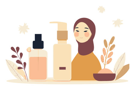This charming cartoon illustration features a female character with beauty products, creating a serene atmosphere ideal for wellness themes and skin care promotions.のイラスト素材