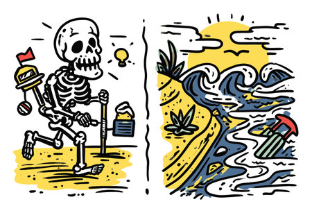 Whimsical illustration of a skeleton digging on a beach, with waves and a vibrant sunset. Fun, playful atmosphere perfect for summer themes.のイラスト素材