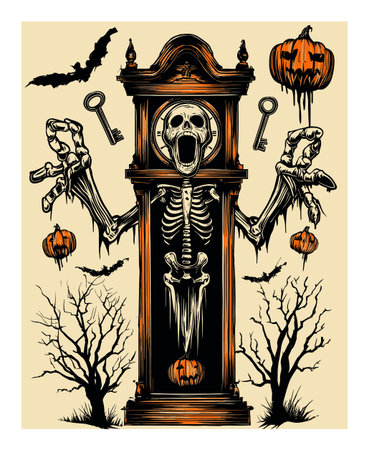 This detailed illustration features a skeletal figure emerging from an antique clock, framed by spooky bats and carved pumpkins, embodying the spirit of Halloween.のイラスト素材