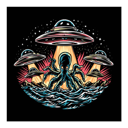A captivating illustration of an octopus interacting with UFOs in a cosmic setting. The vibrant colors and imaginative elements evoke a sense of mystery and adventure.のイラスト素材