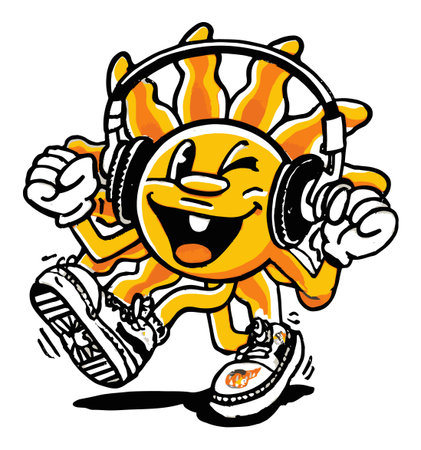 A vibrant cartoon sun character joyfully dances while wearing headphones and stylish sneakers, exuding happiness and energy. Perfect for cheerful designs.のイラスト素材