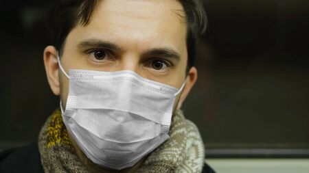 Corona Virus. Man in Face Mask Covid-19. Subway Station. Epidemic Coronavirus Mers. Pandemic Flu. Human Masked 2019-ncov. Train Metro Tube People. Male Health Care. Smog Air Filter.の写真素材