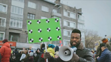 African american man. Empty banner hand. Tracking points. Blank placard. Screaming loudspeaker....