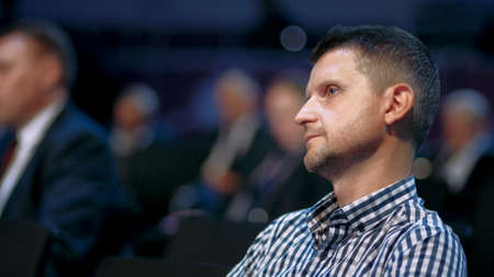 Audience business meeting crowded forum person. Viewer seminar education listen speaker large...