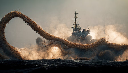 3D rendering of Giant Octopus Attacks a ship in the ocean brutally with a white cloud in the background during the daylightの写真素材