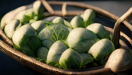 3D rendering of Bok Choy on the basket with green colors inside the kitchenの写真素材