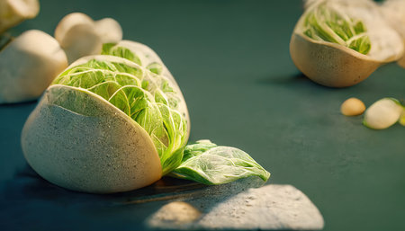 3D rendering of Bok Choy on the basket with green colors inside the kitchenの写真素材