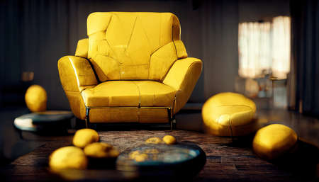 3D rendering of a Yellow sofa in the modern living room with the yellow color and brown wall in the backgroundの写真素材