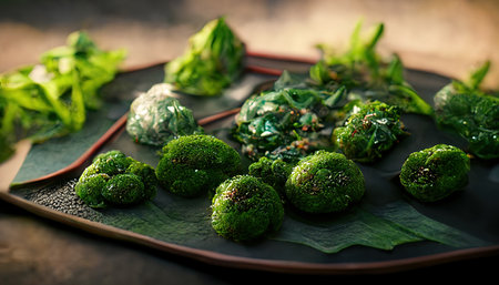 3D rendering of Asian Greens on the white plate with green colors inside the kitchenの写真素材
