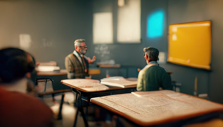 3D rendering of a Teacher and a student learning together in the class during the sunsetの写真素材