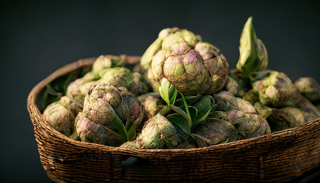 3D rendering of Artichokes on the basket with green colors and a wooden table inside the kitchenの写真素材