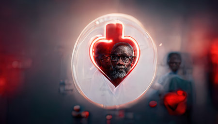 3D rendering of an African Doctor with the heart symbol inside the medical hospitalの写真素材