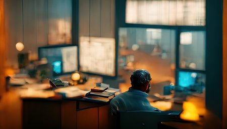 3D rendering of a man working lonely in the office during the dark nightの写真素材