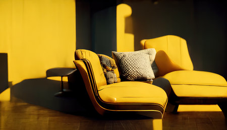 3D rendering of a modern yellow chair inside the modern living room with a yellow wall in the backgroundの写真素材