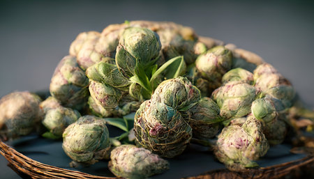 3D rendering of Artichokes on the basket with green colors and a wooden table inside the kitchenの写真素材