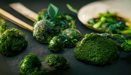 3D rendering of Asian Greens on the white plate with green colors inside the kitchen