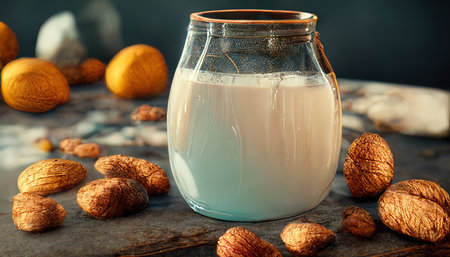3D rendering of Almond milk on the glass with white color and almond on the background inside the kitchenの写真素材