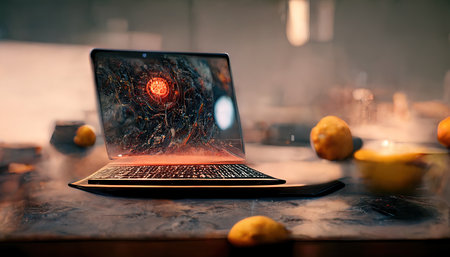 3D rendering of a Beautiful laptop lying on the table with the office stuff in the background inside the office buildingの写真素材