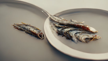 3D rendering of Fresh Anchovies on the white plate inside the kitchenの写真素材