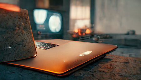 3D rendering of a Modern laptop in the middle of the working table inside the officeの写真素材