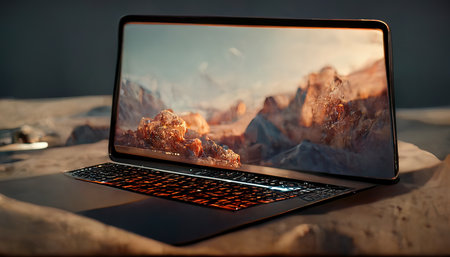 3D rendering of a Modern laptop in the middle of the working table inside the officeの写真素材