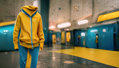 3D rendering of a teenager using a yellow hoody shirt with blue and yellow colors on the fabricの写真素材