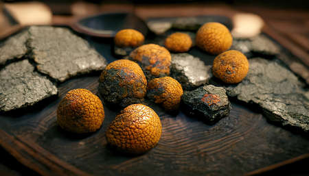 3D rendering of Aged Japanese kurozu on the plate at the table inside the kitchen