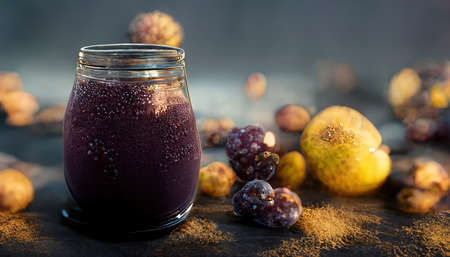 3D rendering of Acai juice on the glass with acai berries in the background inside the kitchenの写真素材